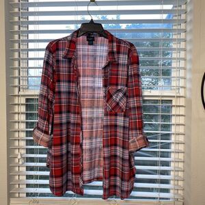 💝PREOWN Rue+1X Red Check/Plaid Flannel Roll Tab Sleeve Button Down Cozy Shirt